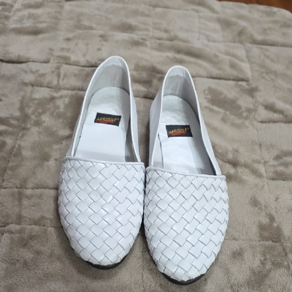 Aerosoles Women's White Leather Slip-On Loafers‎ Shoes Basketweave Sz 9.5 GUC